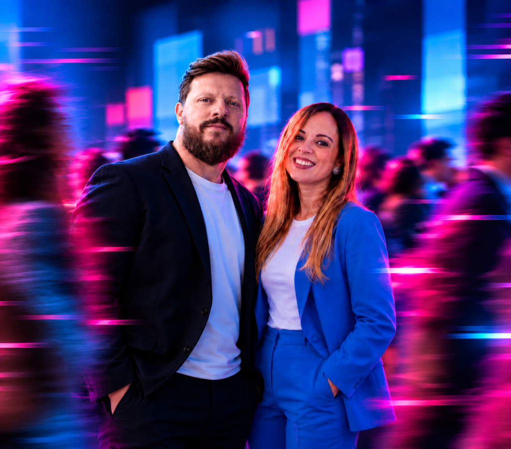Márcio Roberto e Vanessa Cerqueira, sócios da VeMOVE, em cenário de pessoas em movimento