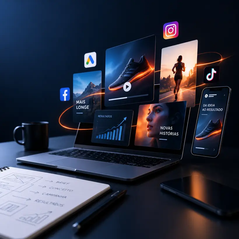 Peças de uma campanha digital exibidas em telas com vídeo e redes sociais