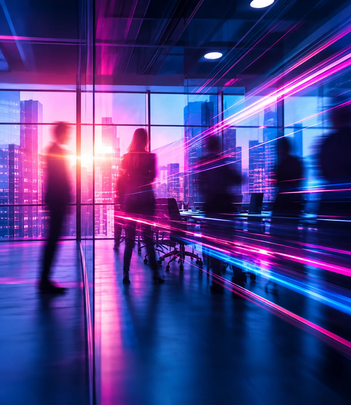 Pessoas em movimento em ambiente de trabalho iluminado em azul e magenta