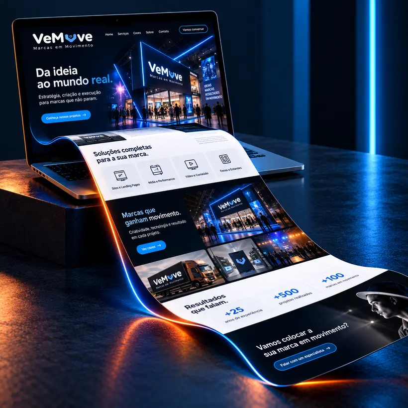 Apresentação visual de um site da VeMOVE em computador e tela digital